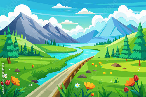 Idyllic Mountain Valley with Flowing River and Wildflowers nature green