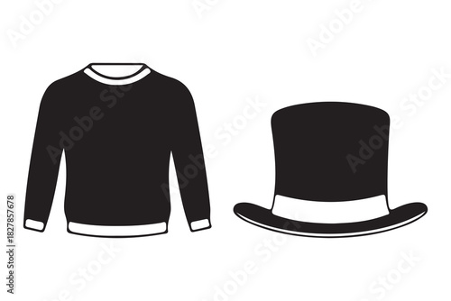 Simple black silhouette of a crew neck sweater and a top hat isolated on white background