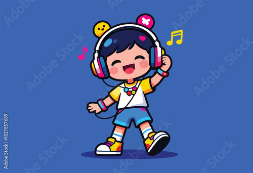 A cheerful cartoon character wearing headphones, listening to music and dancing, with musical notes around