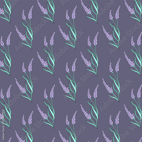 Seamless pattern with lavender flowers. Hand-drawn botanical floral design in soft purple tones for textile, packaging and wallpaper.