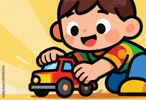 Cartoon child playing with a red toy car, smiling widely, on a sunny yellow background