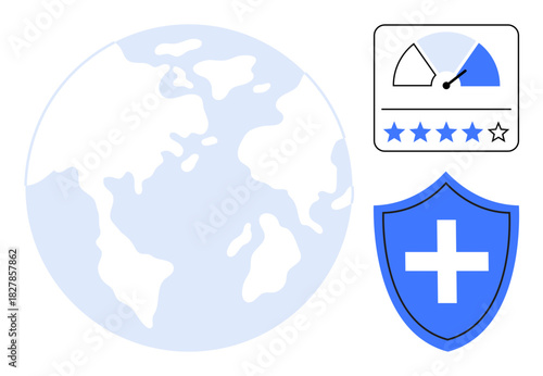 Globe representing global reach, performance meter with star ratings, and shield with cross symbolizing health and security. Ideal for healthcare, security, sustainability, performance, ratings