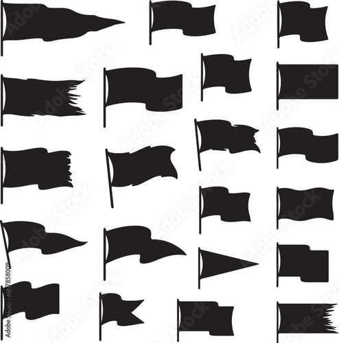 Collection of Black Silhouette Illustrations of Various Flags on a White Background Keywords: flag, banner, pennant, signal, symbol, waving, torn, ripped, tattered, ragged, on transparent background