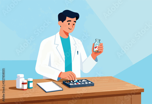 A pharmacist in a white coat looks at pills in a jar, working at a wood table