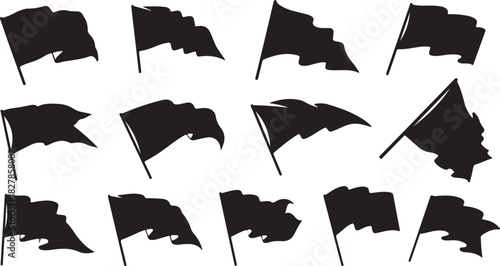 Collection of Twelve Black Silhouette Flags Waving on Poles Against a White Background pennant banner on transparent background
