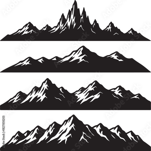 Four Stylized Mountain Range Silhouettes with Jagged Peaks and Snowy Accents summit on transparent background