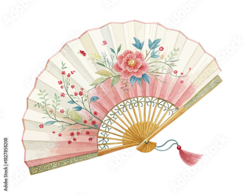 Traditional Chinese Paper Fan Watercolor vector illustration 