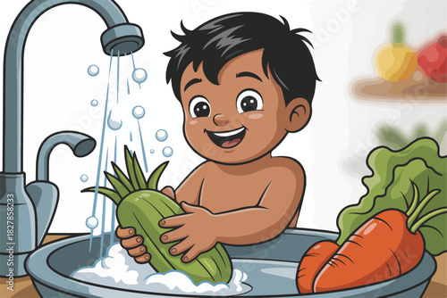 An illustrated child washes produce in a sink with running water, smiling and happy, with fresh vegetables nearby