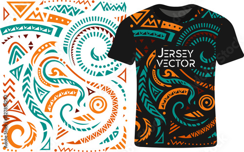 Vibrant Tribal Swirls Apparel Print for Sports Jersey, Polynesian tribal style jersey or t shirt vector template, Vibrant Tribal Ethnic Pattern for Apparel and Textile Design.