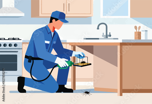 A professional exterminator, in blue, kneels in a kitchen with a cockroach trap and a pest on the floor