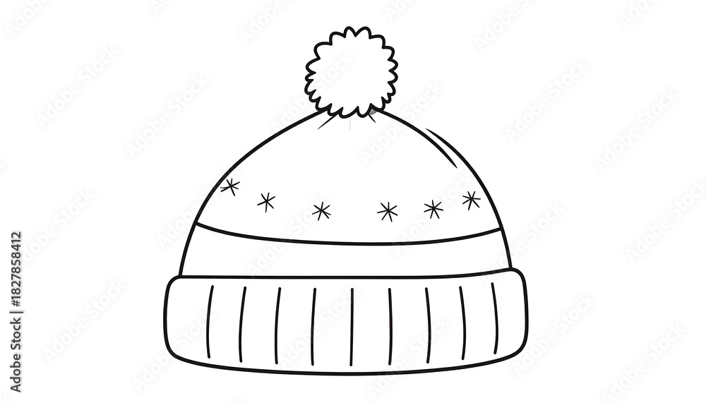 Fototapeta premium A black and white cartoon illustration featuring a winter hat with a fluffy pompom on top and a ribbed brim