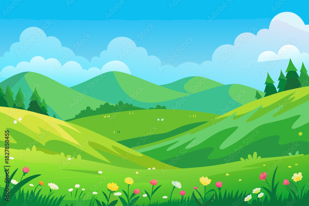 Obraz premium Rolling green hills with colorful wildflowers and pine trees under a blue sky Keywords: rolling hills, green landscape, nature, countryside