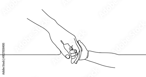Adult hand holding a little baby's hand drawn with one continuous line. Black outline illustration isolated on white background. Vector illustration.