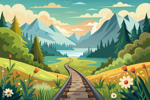 Picturesque mountain vista with a railway track disappearing into the distance amidst rolling hills Keywords: railway, track, train, railroad