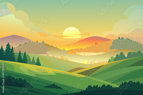 Rolling green hills and valleys at sunrise with a warm sun and layered mountains landscape nature