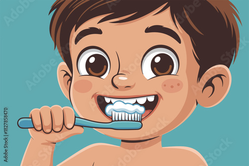A cartoon child brushes their teeth with a toothbrush and toothpaste, smiling, in a vibrant, stylized illustration