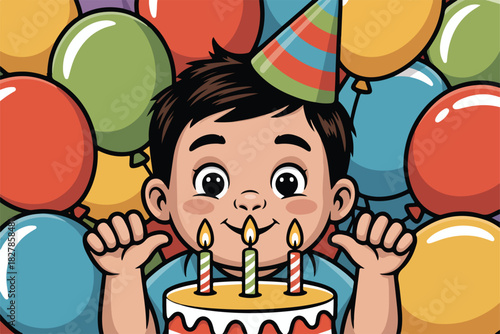 Cartoon boy wearing a party hat, grinning behind a cake with lit candles, surrounded by colorful balloons