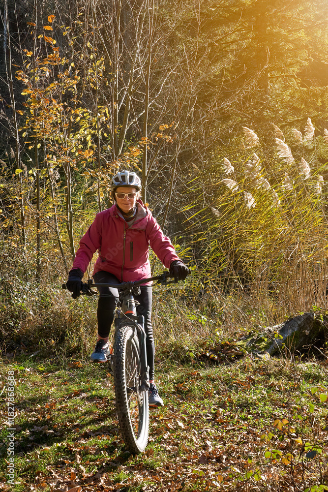 Fototapeta premium pretty woman riding her electric mountain bike in a forest near Oberreute in the western Allgaeu on warm autumn day, Bavaria, Germany 