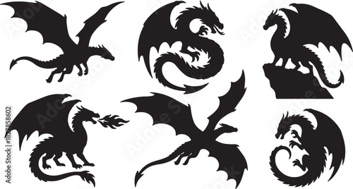 Set of Black Silhouette Dragon Illustrations with Wings and Fire Breath white on transparent background