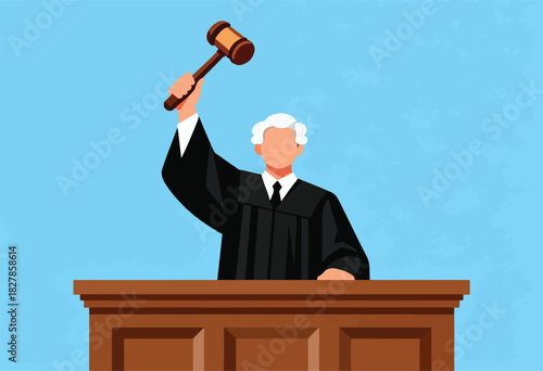 Cartoon judge in robe on the bench with a gavel, blue sky background
