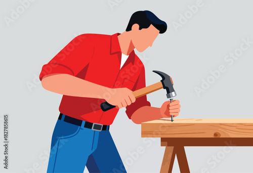 A man in a red shirt and jeans hammers a nail into a wooden board on a stand. Vector illustration