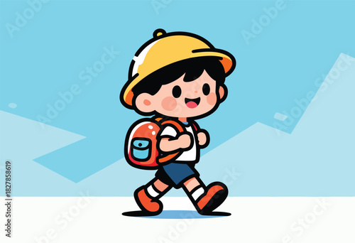 Adorable cartoon child with backpack and helmet walks against a blue background, smiling cheerfully