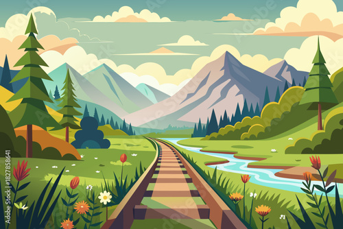 Serene mountain landscape with a railway track alongside a flowing river and lush green scenery Keywords: railway, track, train, railroad