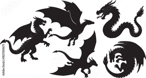 Group of Black Silhouette Fantasy Dragon Illustrations in Dynamic Poses creature mythical on transparent background
