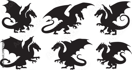 Six Silhouette Dragons Posed in Various Dynamic Stances on a White Background mythical creature on transparent background