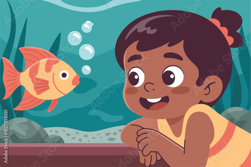 A cartoon child smiles at a fish in an aquarium, with bubbles and plants. The fish is colorful