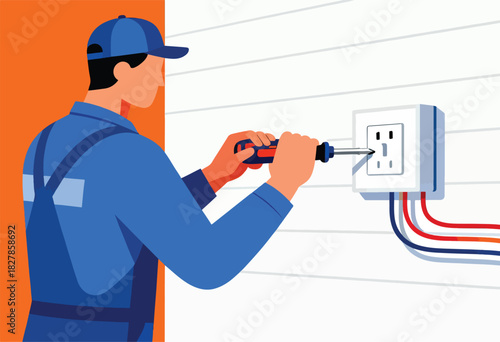 A worker in blue overalls and cap uses a screwdriver to install an electrical outlet on a wall