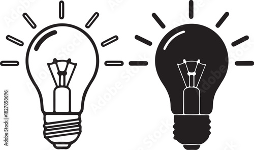 Two light bulb icons one outlined and one solid black on a white background lamp symbol on transparent background