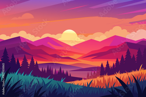 Serene Mountain Valley Sunset with Lake and Pine Forest Silhouettes sunrise landscape
