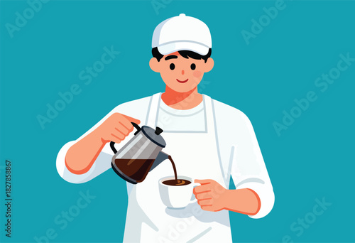 A barista in white pouring coffee from a glass pot into a white mug on a teal background