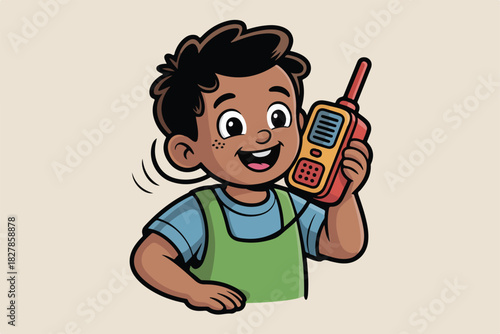 A cartoon child with black hair and freckles smiles while holding a walkie-talkie. It has a blue shirt