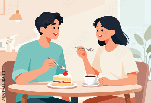 Illustration of a couple smiling and enjoying dessert in a cafe, a slice of cake with coffee on table