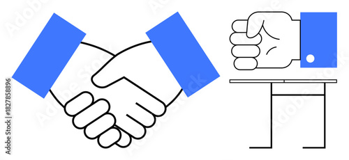 Close-up of handshake symbolizing partnership, strong fist gesture on desk indicating authority. Ideal for teamwork, leadership, negotiation, agreement, determination, decision-making, simple flat