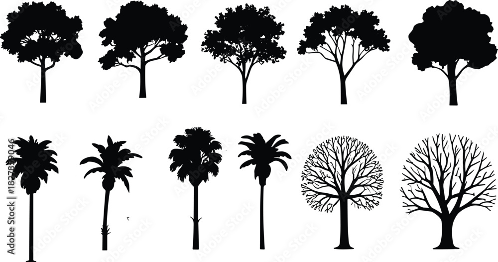 Fototapeta premium Collection of black tree silhouettes featuring deciduous, palm, and leafless winter trees isolated on white background for landscape design.