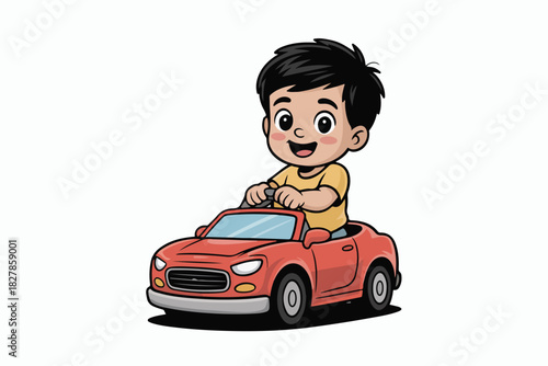 A happy boy cartoon character is driving a red car on a white background. It's a fun illustration for kids
