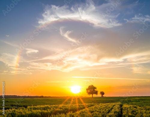 A radiant sunset over a field, featuring a tree, surrounded by a colorful sky