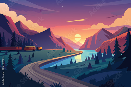Stylized mountain landscape with train and bus at twilight nature evening