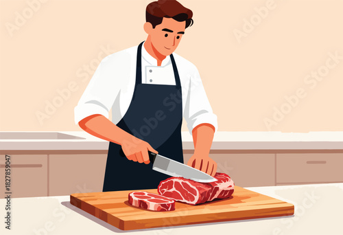 A chef in a white shirt and navy apron cuts a large piece of raw meat on a wooden board
