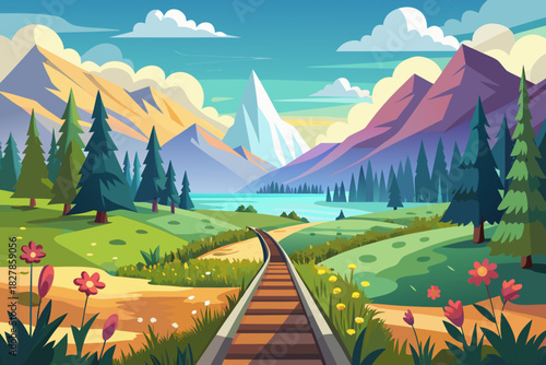 Stylized mountain landscape with train tracks and wildflowers nature mountains 1