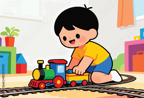 A cheerful cartoon child plays with a colorful toy train on tracks, enjoying imaginative play. Toys and curtains surround