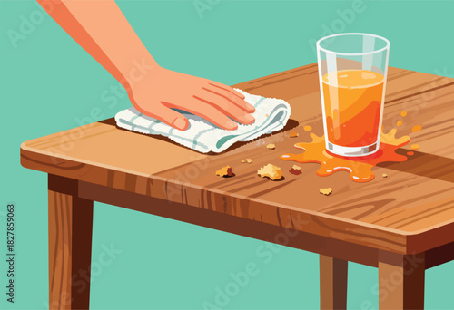An illustration shows a hand wiping a wooden table, orange juice spilled alongside food crumbs, and glass