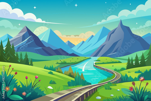 Stylized cartoon landscape with winding train tracks crossing a turquoise river and blue mountains nature