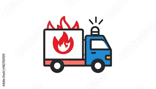 Cartoon fire truck with flames bursting from cargo, depicted in a simple, colorful graphic illustration