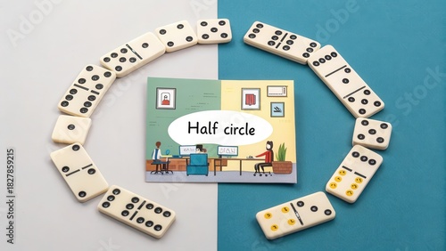 Dominoes forming a half circle around an office scene