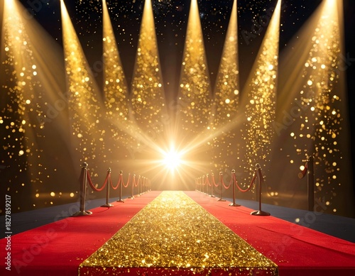 A red carpet framed by ropes leads to a radiant spotlight backdrop with shimmering effects