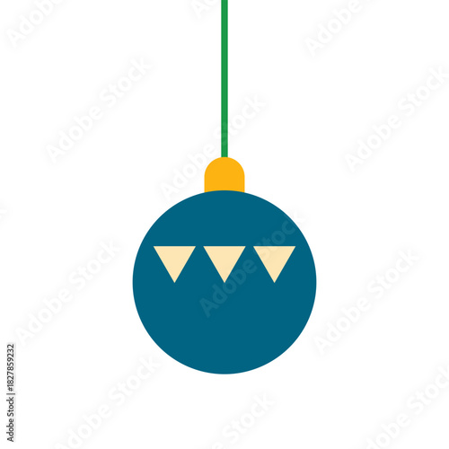 Festive teal holiday bauble featuring soft beige triangle pattern suspended by simple green line and bright yellow top element